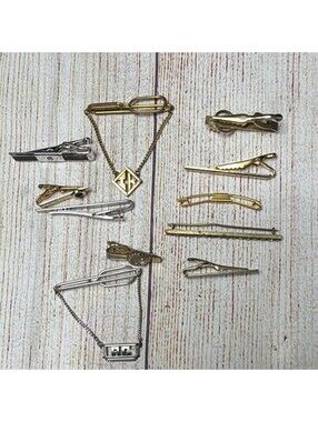 Swank Men's Tie Clasp Mixed Lot Of 12 Gold Tone & Silver Tone Metal Pieces